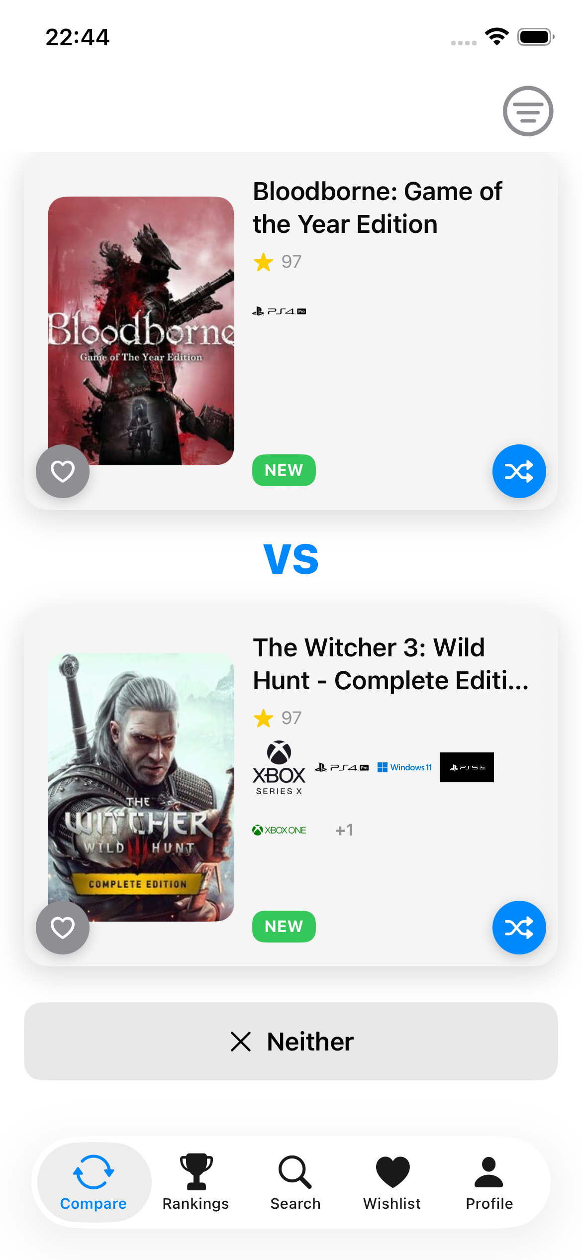 Compare view — choose your favorite between two games