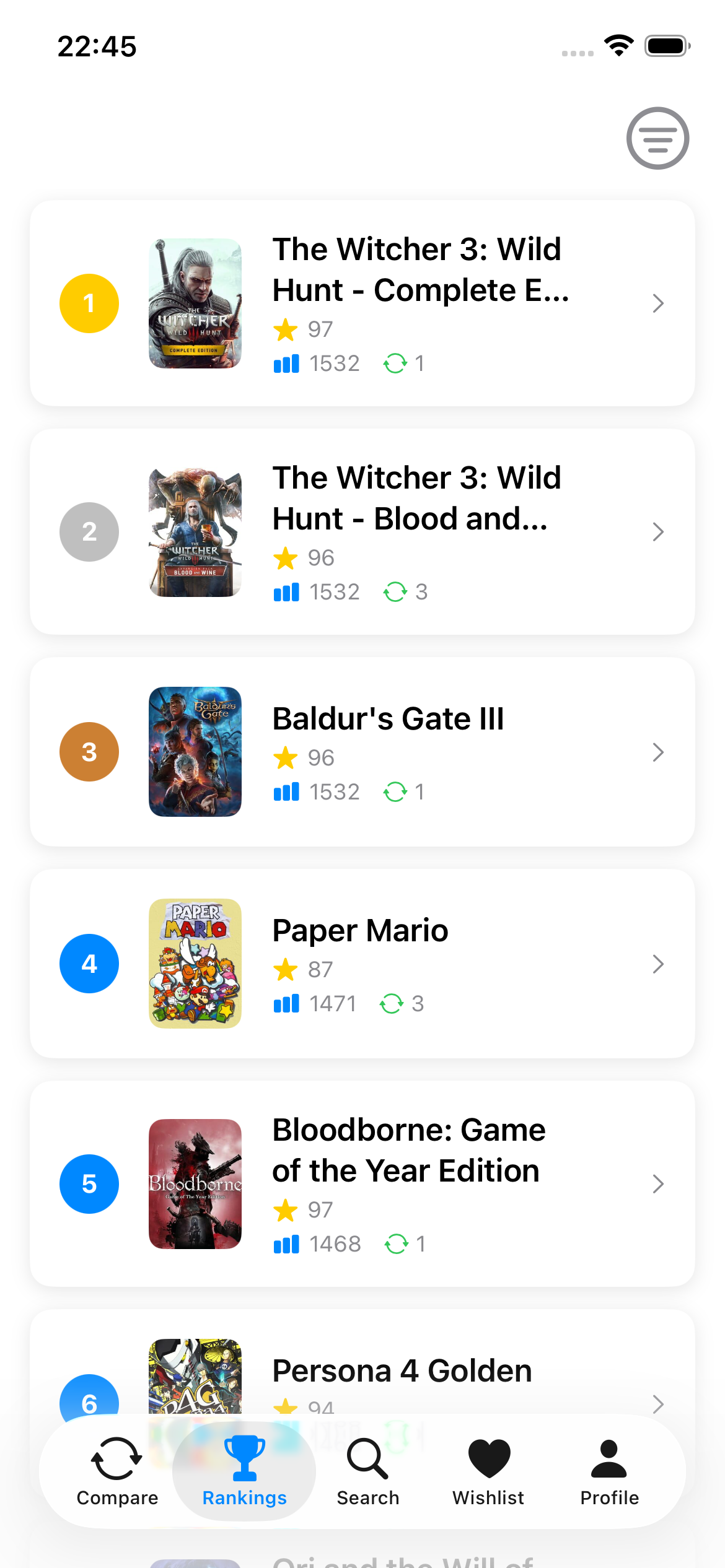 Rankings list — your personal top games
