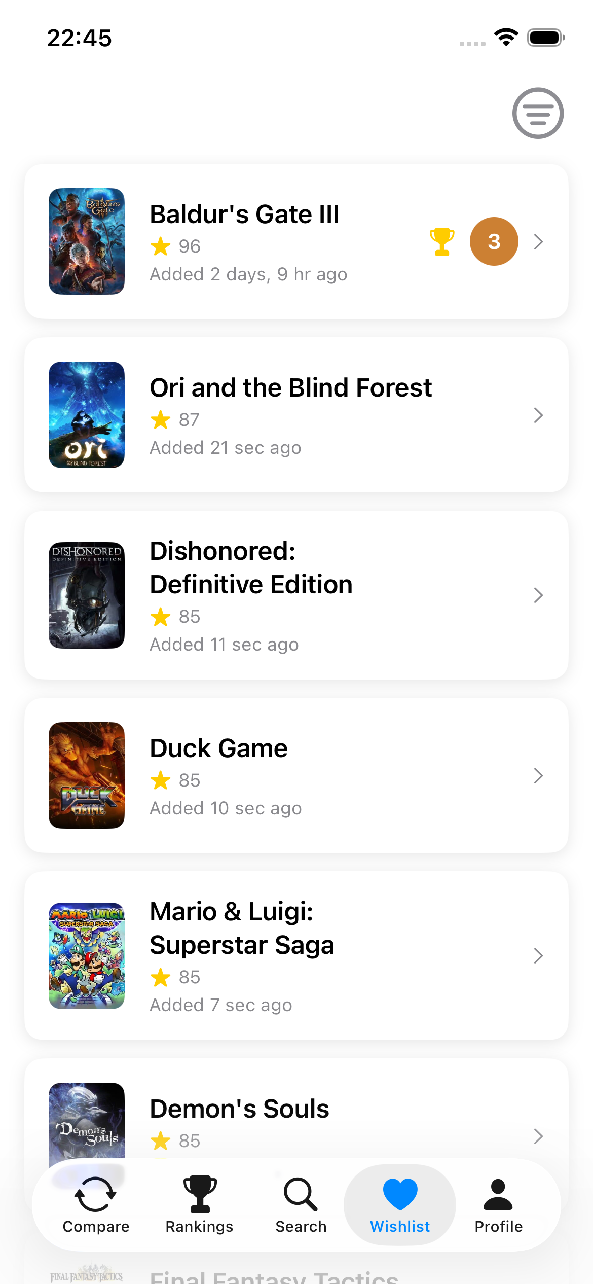 Wishlist — save games to rank later
