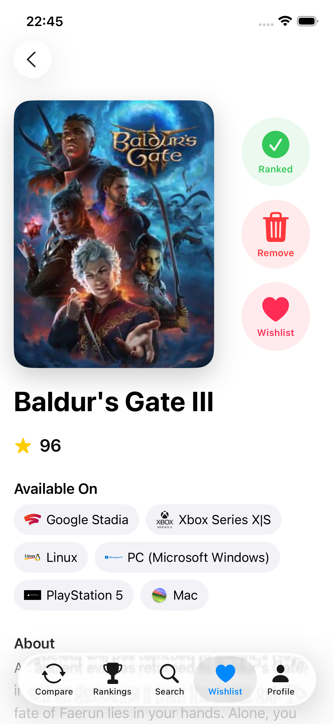 Game detail — view game info and stats